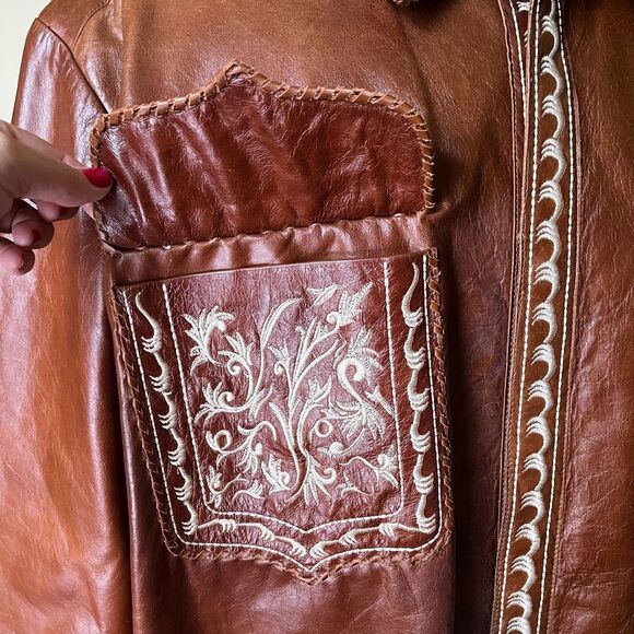 Vintage Ira Hoss Western Leather Jacket XXL Brown Tooled Embroidered Shacket - Picture 15 of 16